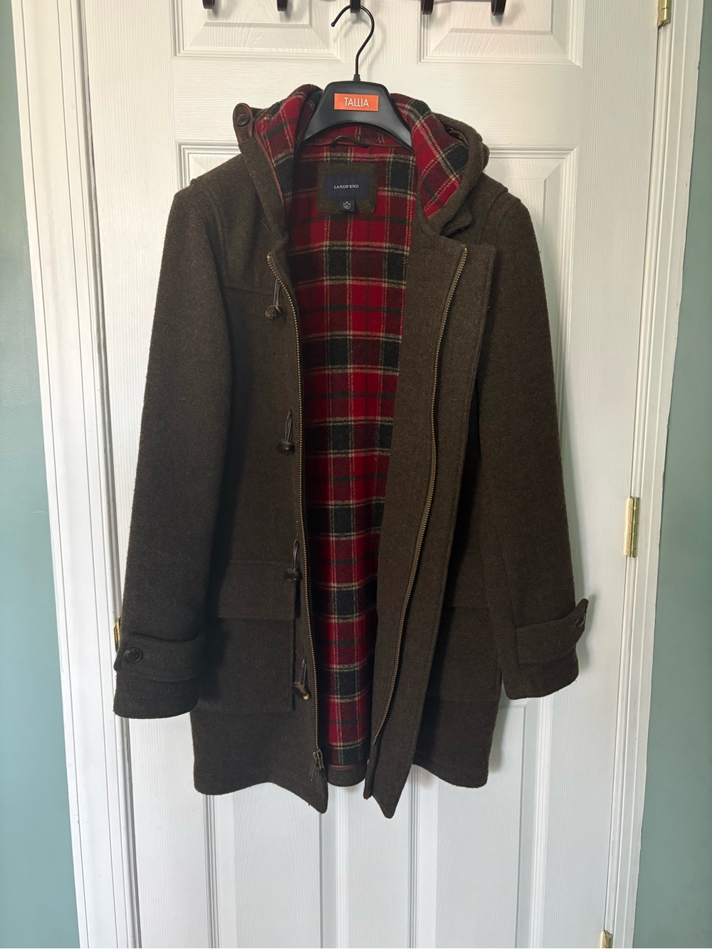 Lands' End Men's Hooded Toggle Pea Coat in Olive with Red Tartan Lining